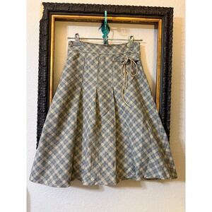 Vintage JP Fushi Plaid Pleated Midi Skirt Blue Tan D-Ring Accent Academic Size S
